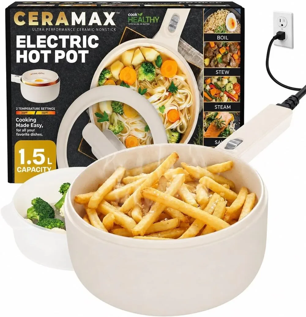 CERAMAX PRO Electric Hot Pot with Lid & Steamer, 1.5L Non Toxic Ceramic Skillet